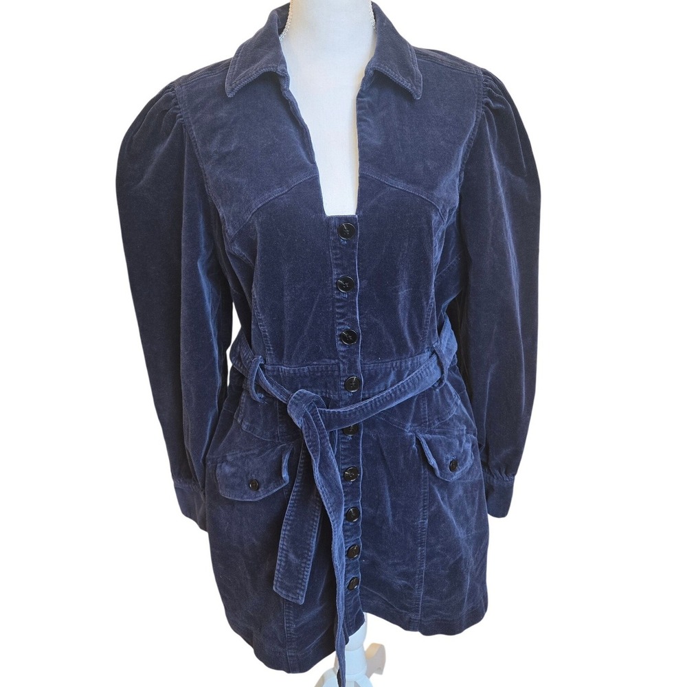 Marissa Webb Corduroy Button Up Mini Shirt Dress Belted Navy Western Size 16